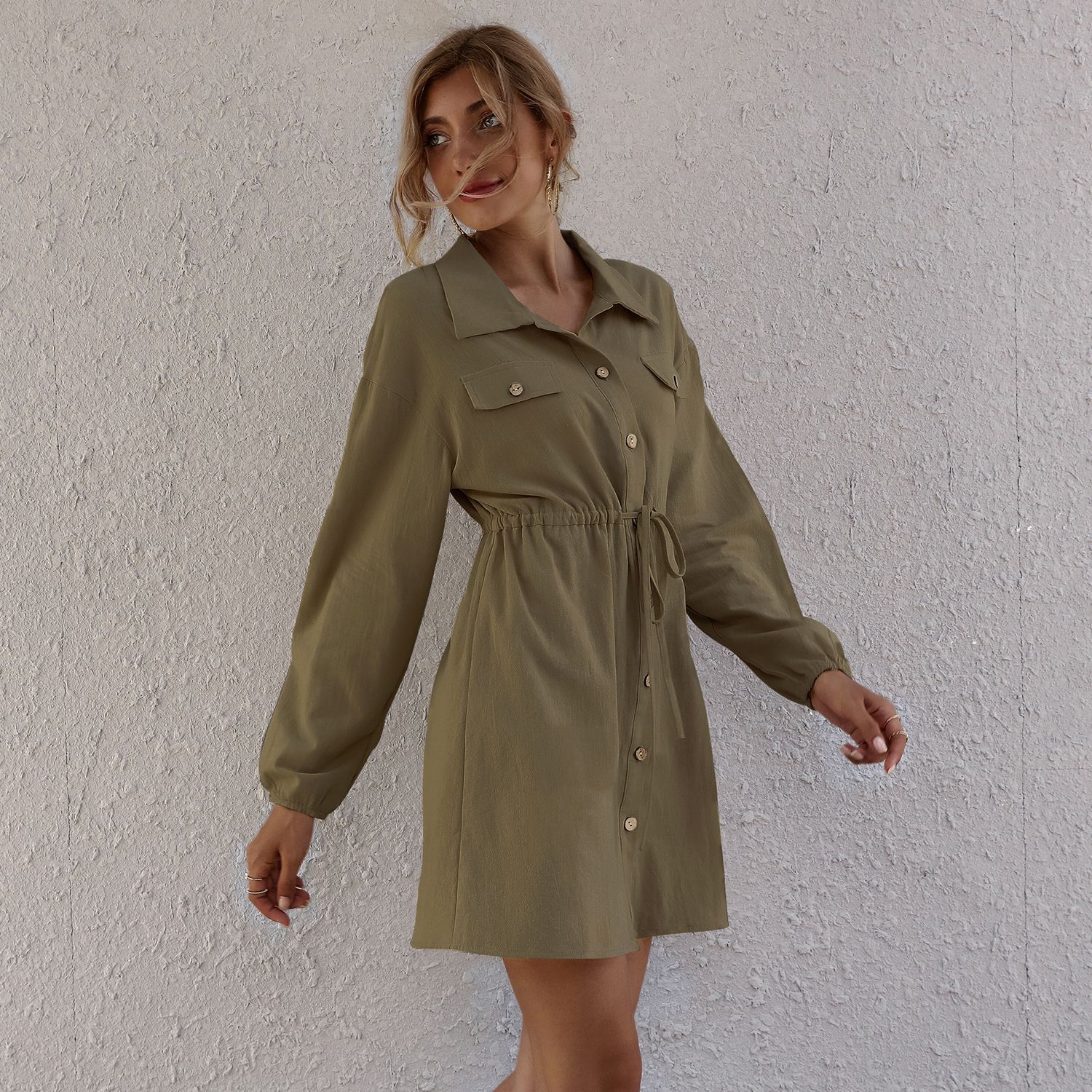 Double Pocket Buttoned Belt Shirt Dress