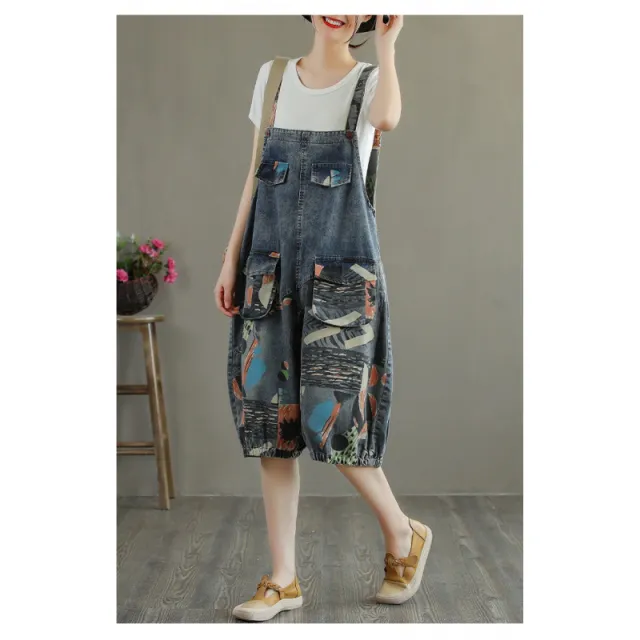 Women's Printed Denim Bloomers Split Overalls Blue - Shop at LoveMi