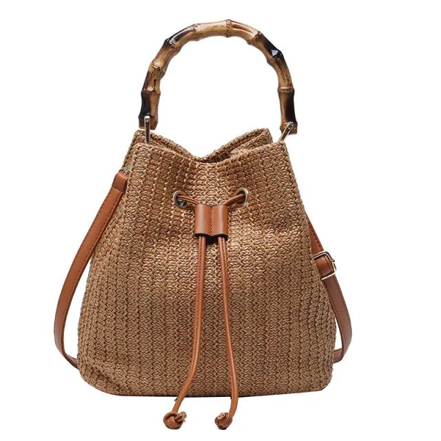 Bamboo Hand Bucket Shaped Woven Women's Bag One Shoulder Diagonal Bag Brown - Shop at LoveMi