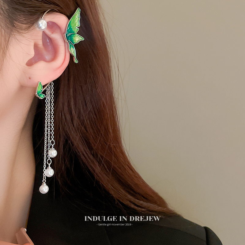 Title 4, Green Pearl Butterfly Tassel Earrings Temperament