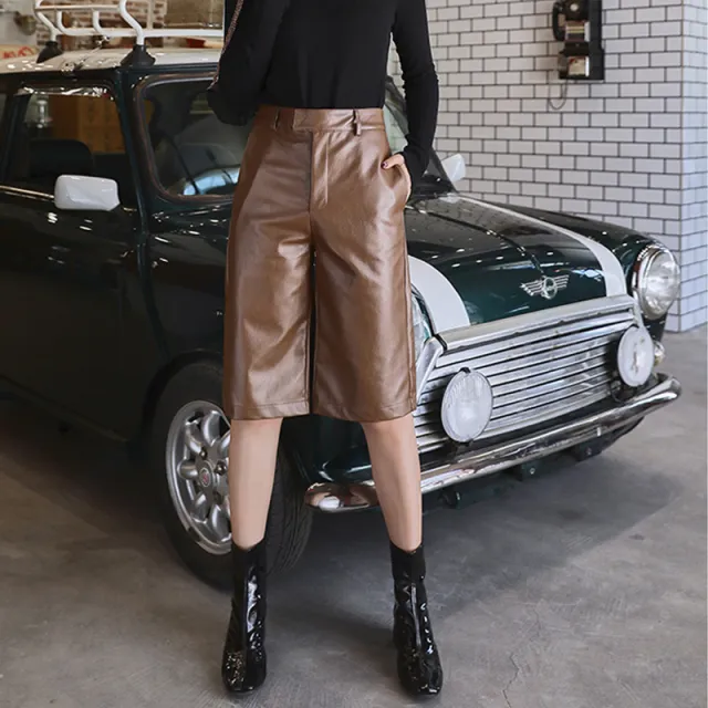 Five point Leather Pants Women Fashion Pants Korean Version Brown - Shop at LoveMi