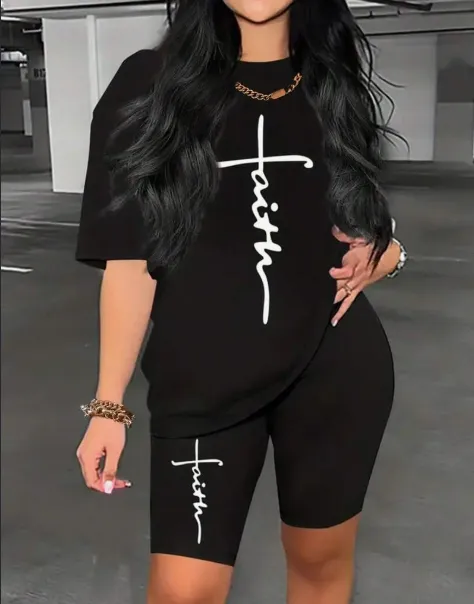 Women's Letter Print Short Sleeve T shirt And Shorts Set Black - Shop at LoveMi