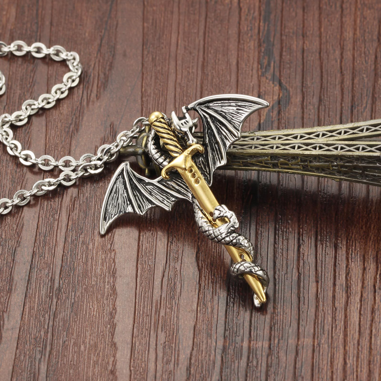 Rock Fashion Pterodactyl Golden Sword Men's Titanium Steel Necklace
