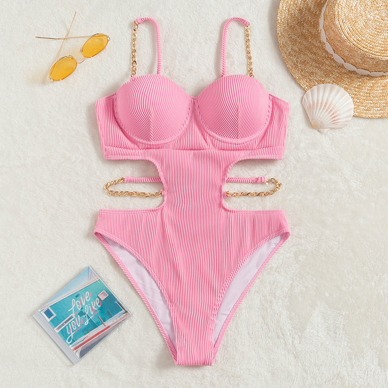 Ladies One Piece Swimsuit Beach Solid Color Swimsuit - Image 5