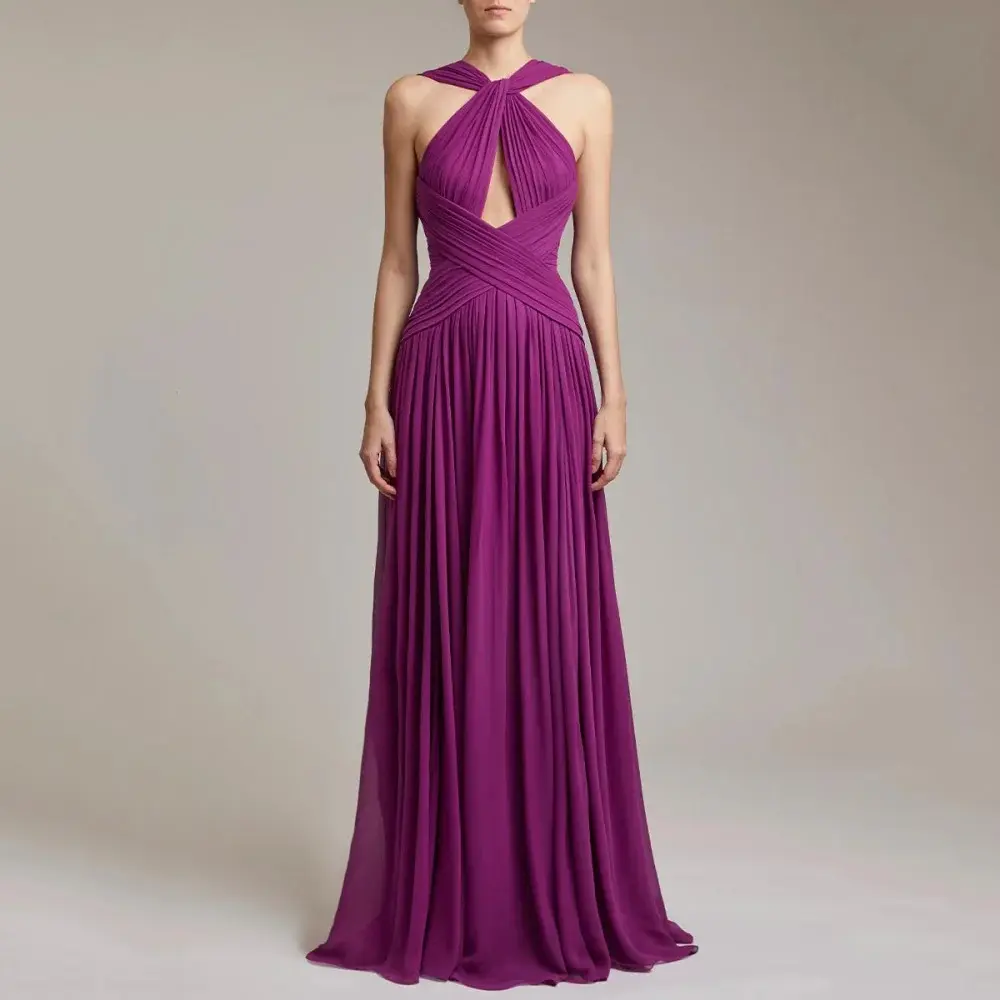Twist Halter Keyhole Cross Ruched Chiffon Floor