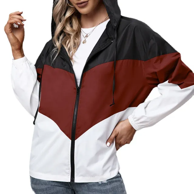 Hooded Color blocking Waterproof Clothing Outdoor Sports Mountaineering Clothing Raincoat Red - Shop at LoveMi