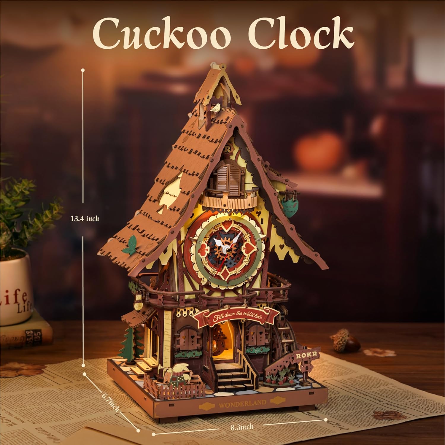 ROKR 3D Wooden Cuckoo Clock Puzzle, A Fun 3D Clock Puzzle Toy With LED Lights And Cuckoo Sounds, 435-piece Mechanical Wall Clock DIY Assembly Set, Suitable For Adults,LC901C
