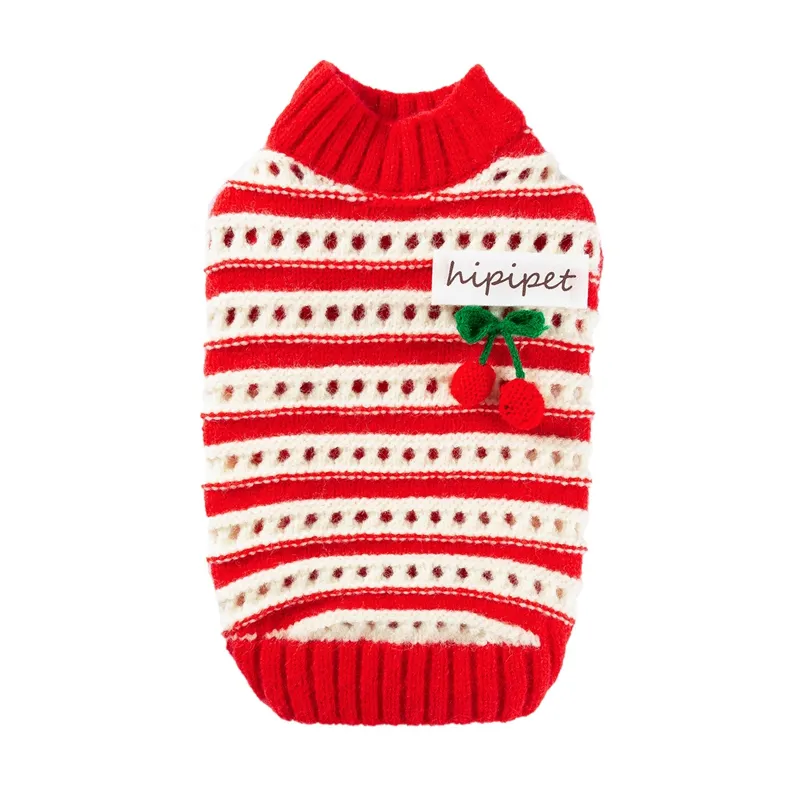 Autumn And Winter Dog Clothing, Warm, Hollowed-out Knitted Cherry Small Dog, Teddy Bichon, Cat Sweater, Pet Clothing - Red