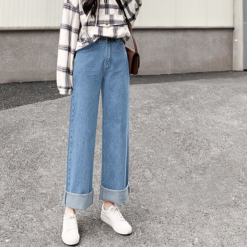 Loose Straight Spring And Autumn Thin High Waist Drape Wide Leg Jeans Single Button Light Blue - Shop at LoveMi