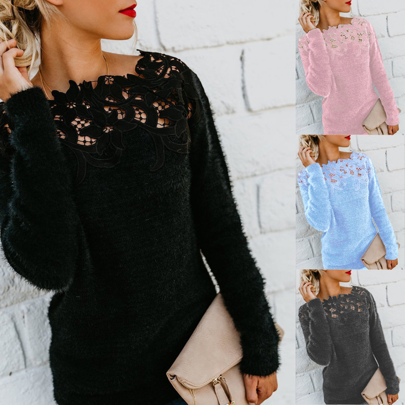 Solid Color Stitching Lace Long-Sleeved Sweater