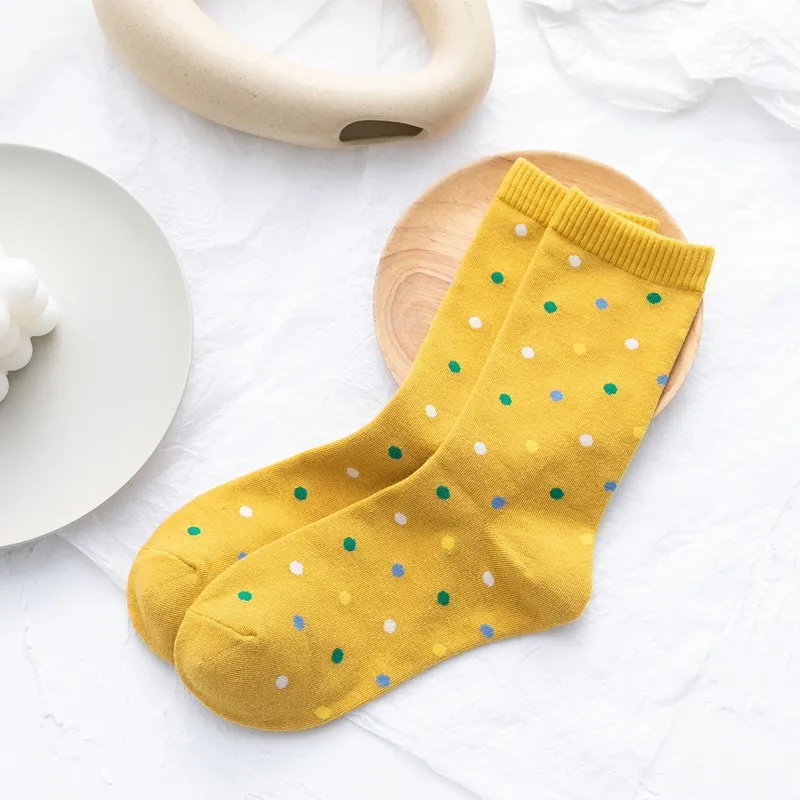 Japanese Color Wavelet Dot Cotton Mixed Women's Socks - Yellow