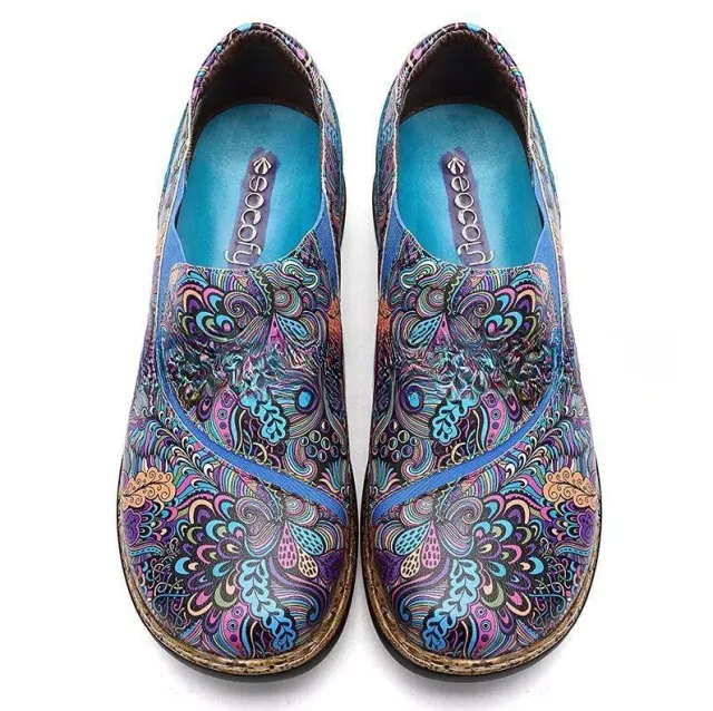 Ethnic Style Elastic Pumps Casual Large Size Slip on Low cut Vintage Flat Shoes Blue - Shop at LoveMi
