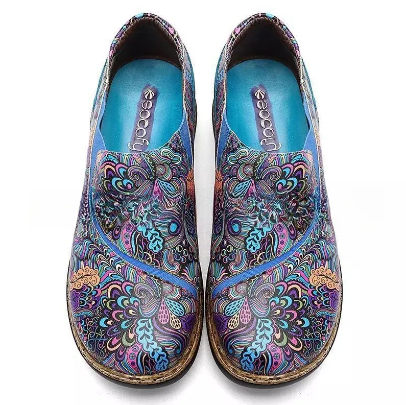 Ethnic Style Elastic Pumps Casual Large Size Slip-on Low-cut Vintage Flat Shoes - Blue