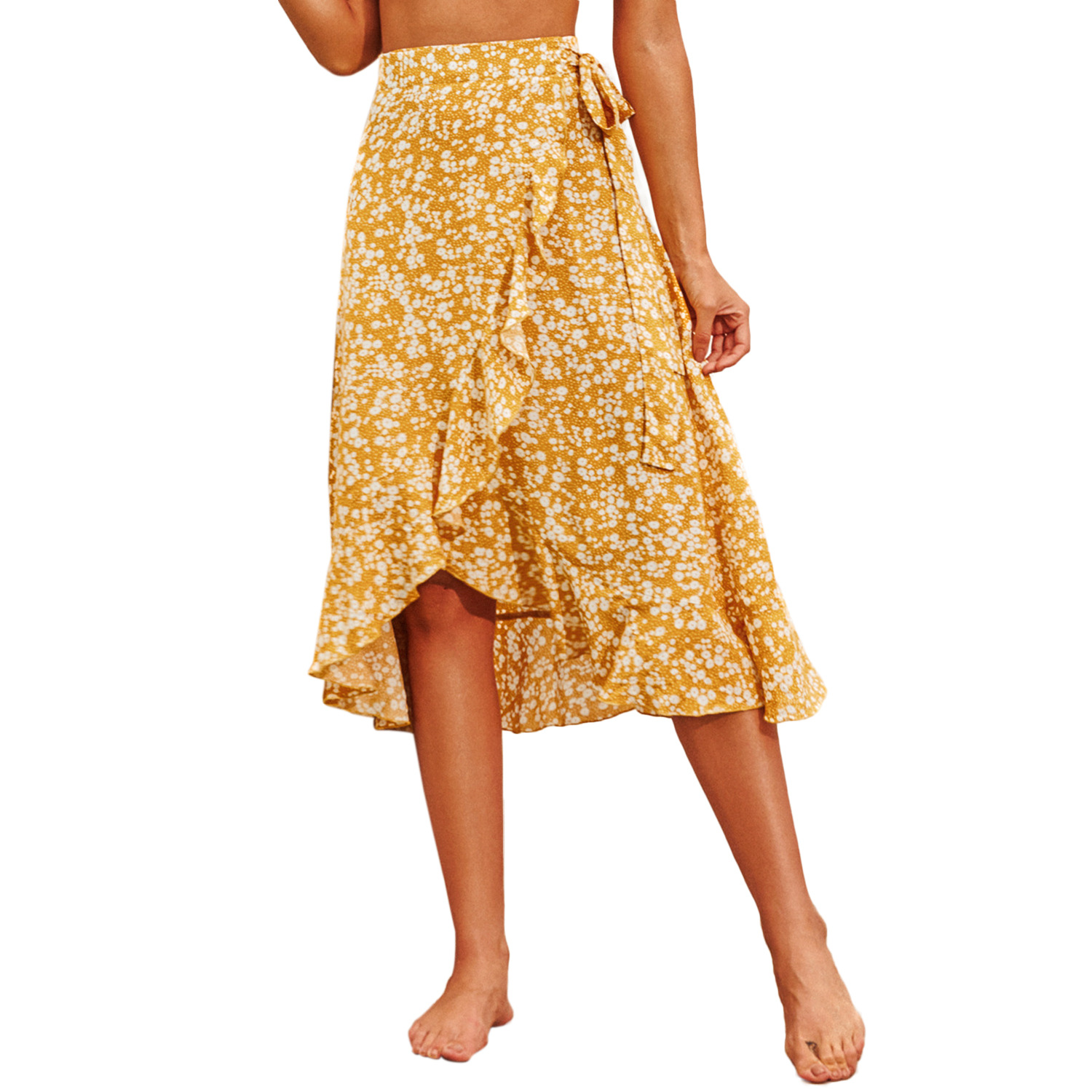 Irregular Floral Wavy Side Lace-up Skirt