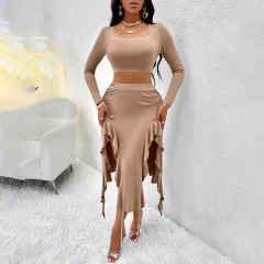 Women's Long Sleeve Round Neck Pleated Dress Suit - Solid Color Elegant Ruffle Outfit - Khaki - View 1