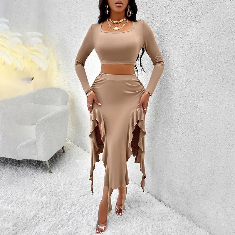 Women's Long Sleeve Round Neck Pleated Dress Suit - Solid Color Elegant Ruffle Outfit - Khaki
