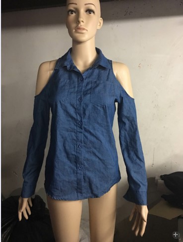 Title 8, Fashion Ladies Lapel Long Sleeve Denim Shirt