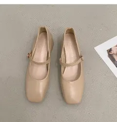 Retro Versatile Square Toe Shallow Cut Single Shoe - Khaki - View 1
