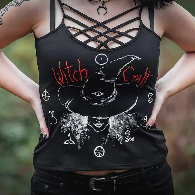 Dark Girl See U In Hell Print Suspender European And American Summer Sexy Small Vest