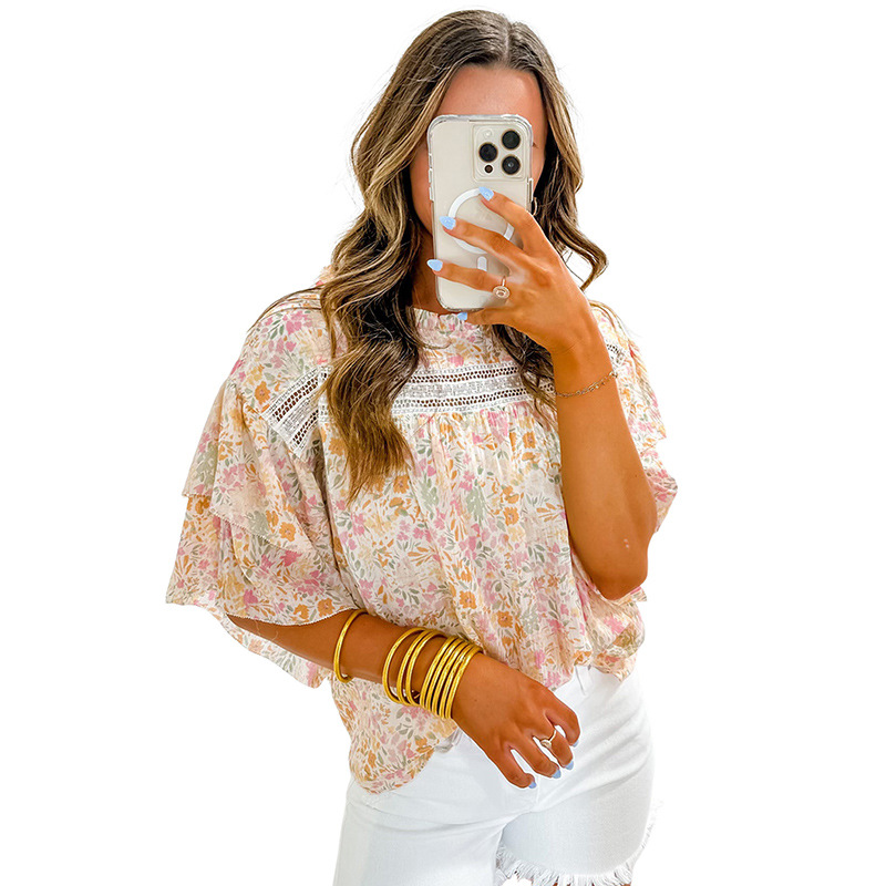 Title 4, Camisa feminina de chiffon com gola redonda e e...