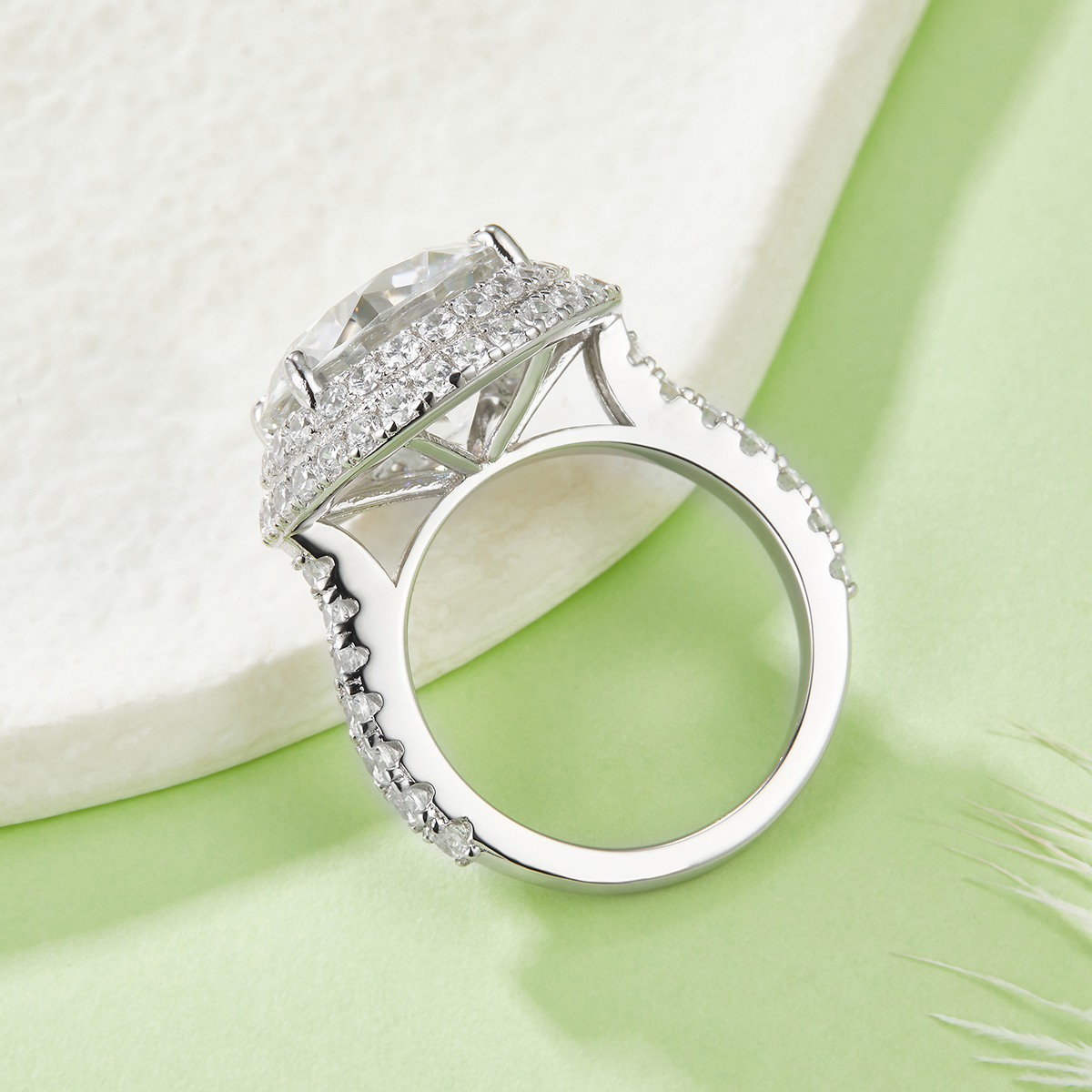 S925 Sterling Silver 8ct Moissanite Ring, 13mm D-VVS1 Double Halo Pave Band, Platinum Plated US Sizes 5-9 GRA Gift Box 3