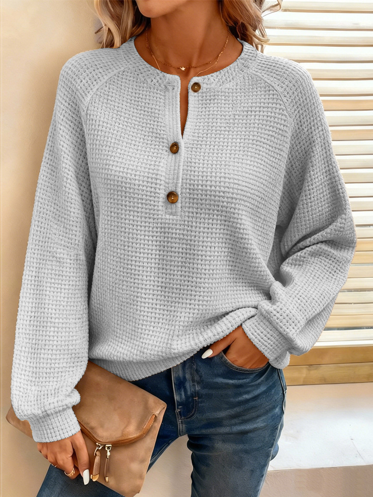 Henley Half Button Waffle Knit Raglan Long Sleeve Loose Top