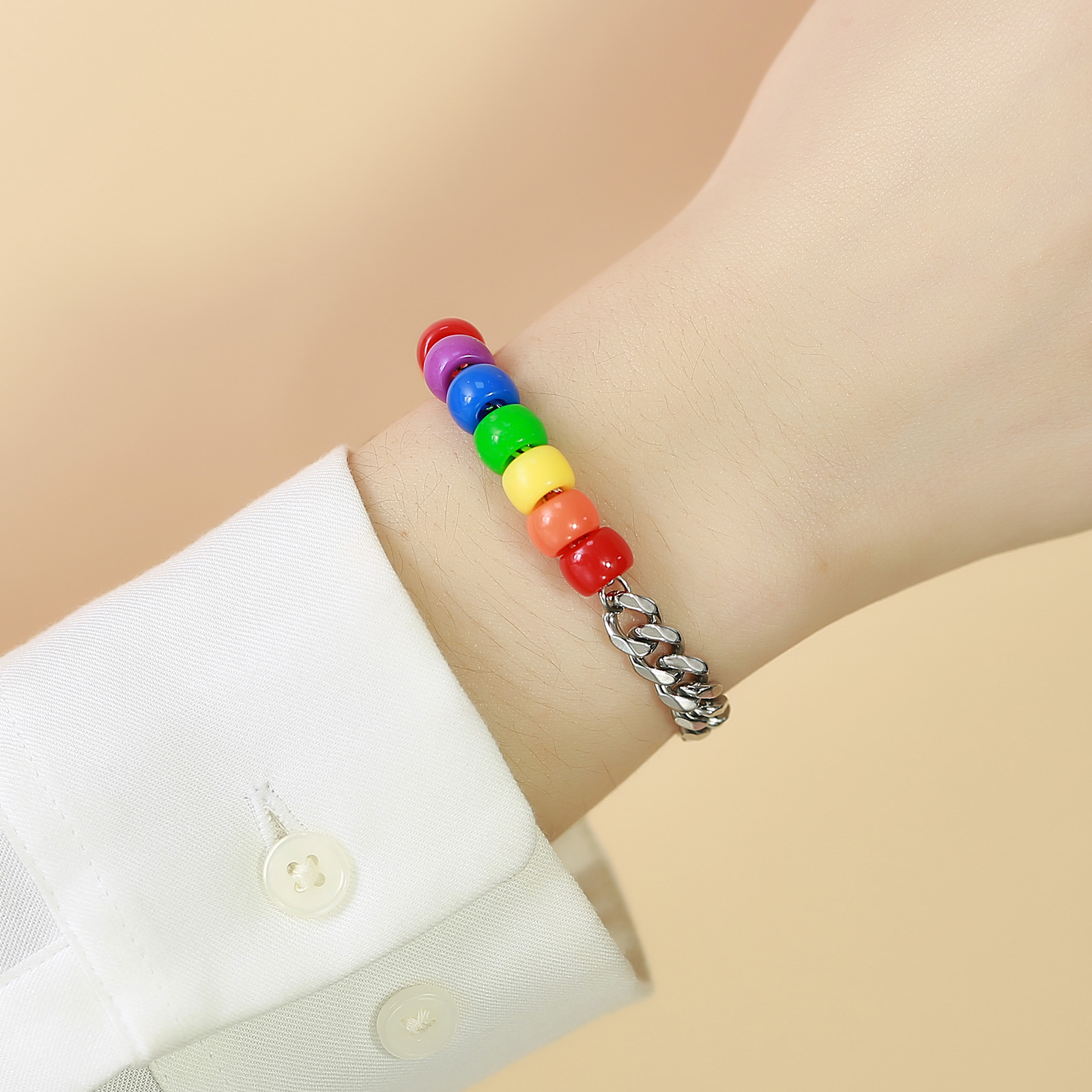 Men's And Women's Six Colors Rainbow Stainless Steel Acrylic Beaded Splicing Bracelet