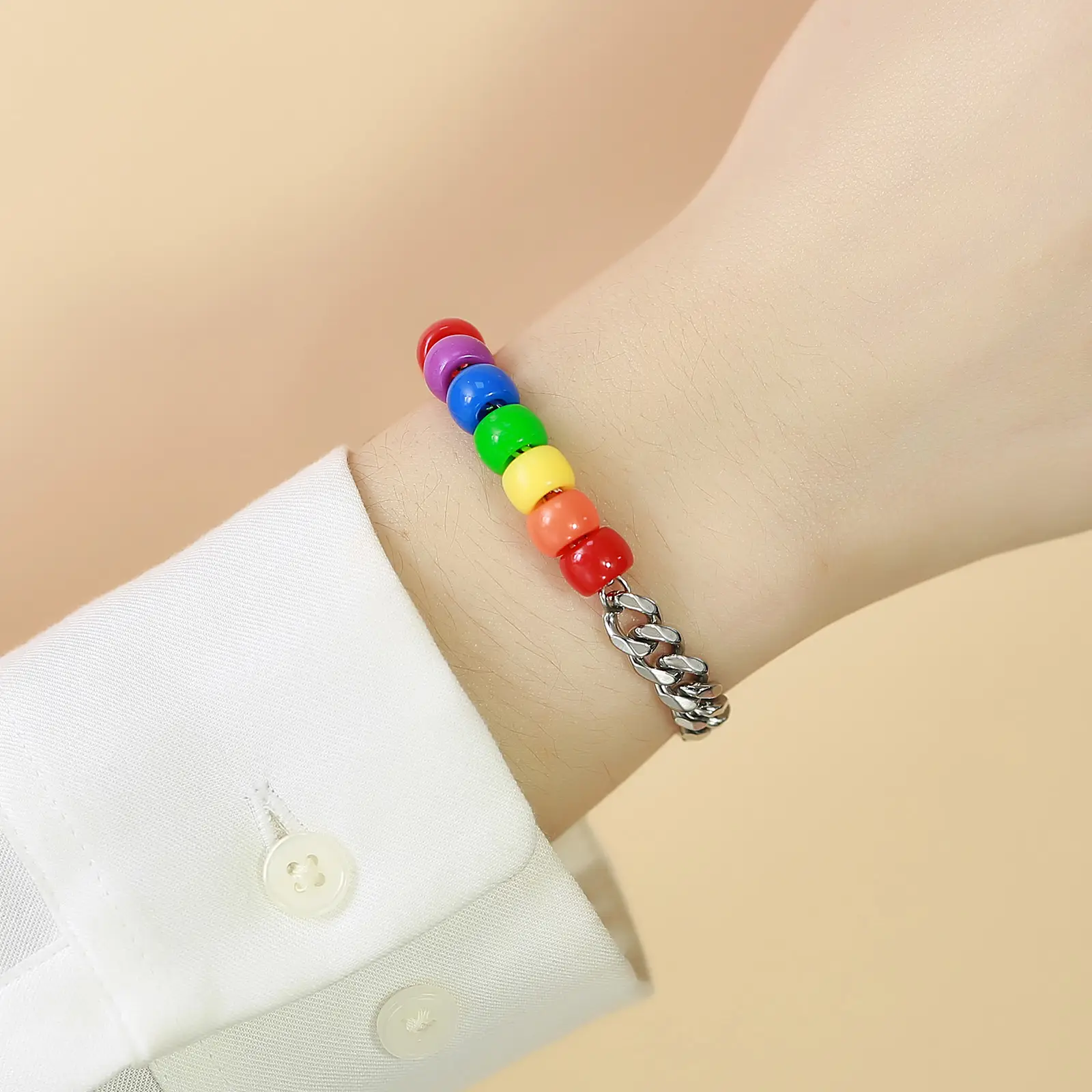Men's And Women's Six Colors Rainbow Stainless Steel Acrylic Beaded Splicing Bracelet