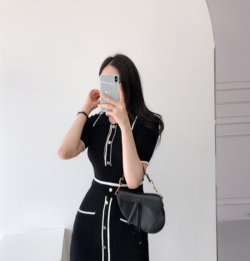 French Simple POLO Collar Sweater Short-sleeved Suit Bag Hip A-line Short Skirt Two-piece Female