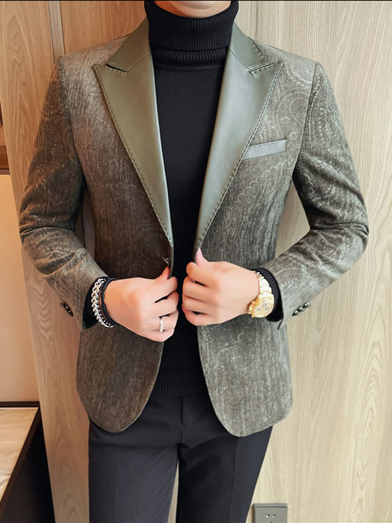 Jacquard Velvet Leather Lapel Men's Blazer