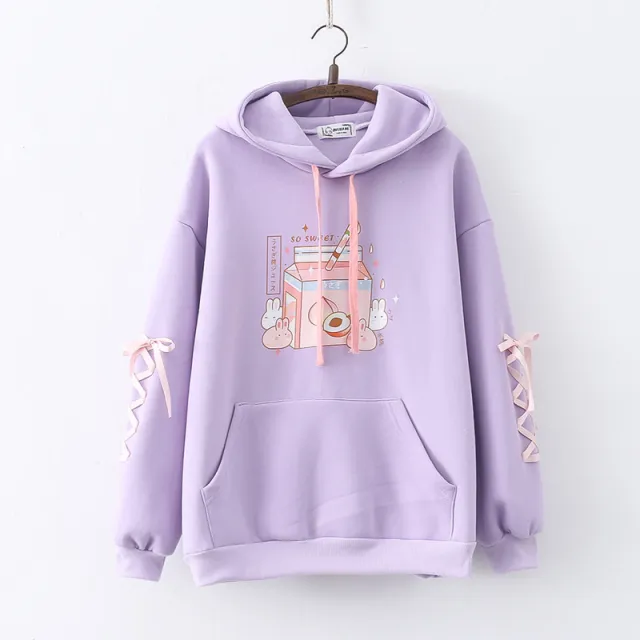 Cartoon Peach Drink Bunny Print Fleece Pullover Ladies Sweater Purple - Shop at LoveMi