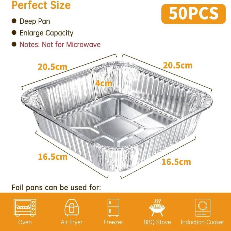 Foil Trays Bulk 50-Pack Heavy Duty Recyclable Aluminium Foil Trays 20.5x20.5cm Extra Strong Foil Baking Trays With Rolled Edges For Safe Handling Oven & Freezer Safe Roasting Trays Ideal For Cat