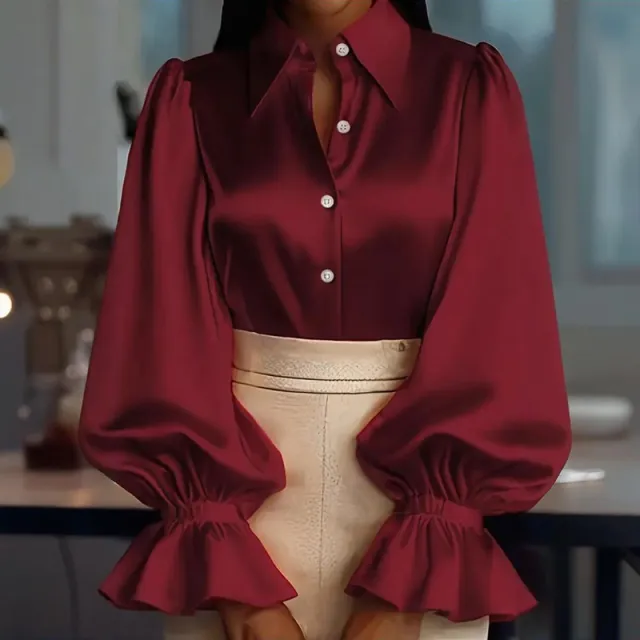 Women's Puff Sleeve Button Down Blouse, Ruffle Detail Dressy Casual Work Top Wine - Shop at LoveMi