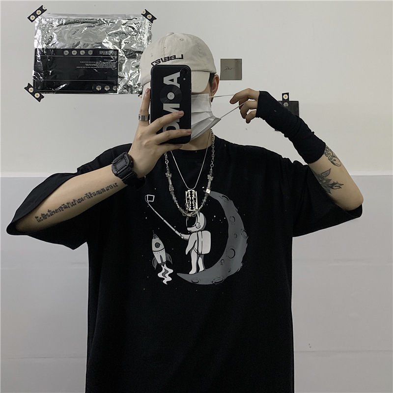 Men's And Women's Space Print Loose Short Sleeve T-Shirt