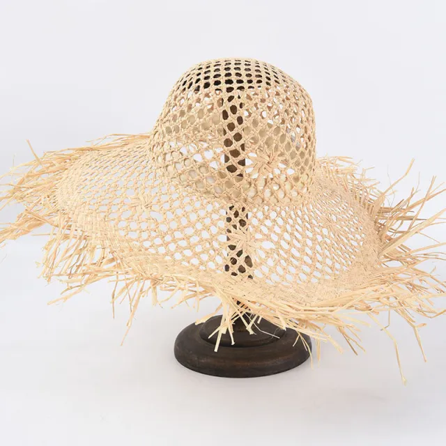 Women's Hand Knitted Hollow Raffia Straw Hat Beige - Shop at LoveMi