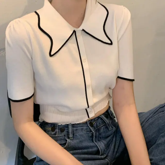 Thin Section Ice Silk Knit Polo Shirt For Women White - Shop at LoveMi