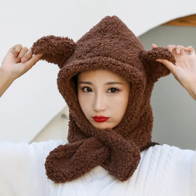 Hat Women Scarf One Autumn And Winter Plus Velvet Warm Plush Dark Coffee - Shop at LoveMi