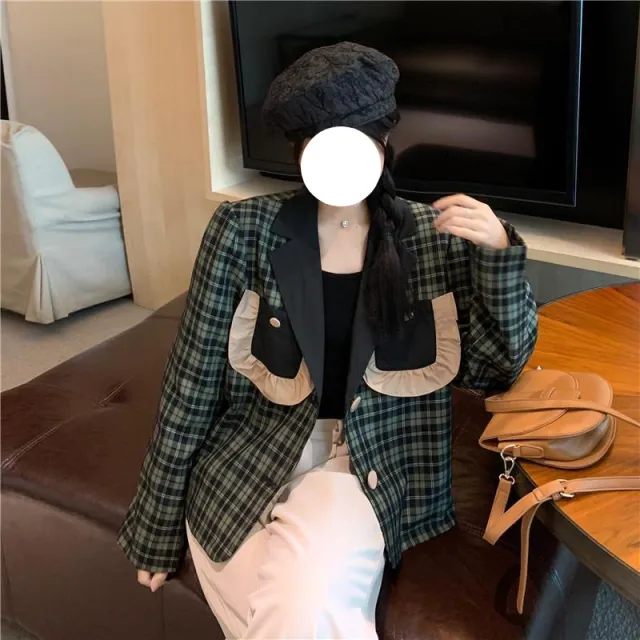 Design Sense Niche Green Plaid Suit Jacket Green - Shop at LoveMi