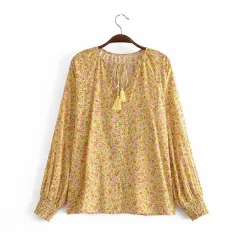 Water Print Long-sleeve Fringed Loose Shirt - Yp8619-M - View 1