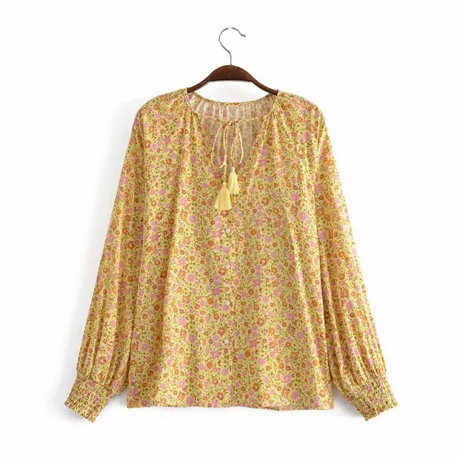 Water Print Long sleeve Fringed Loose Shirt Yp8619 M - Shop at LoveMi