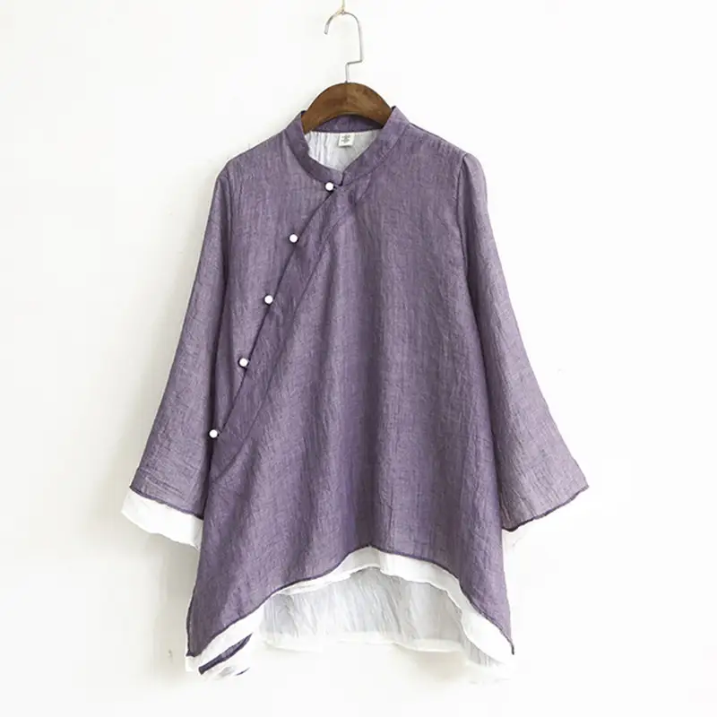 Solid Color Stand Collar Slanted Placket Chinese Style Buttoned Long Sleeves