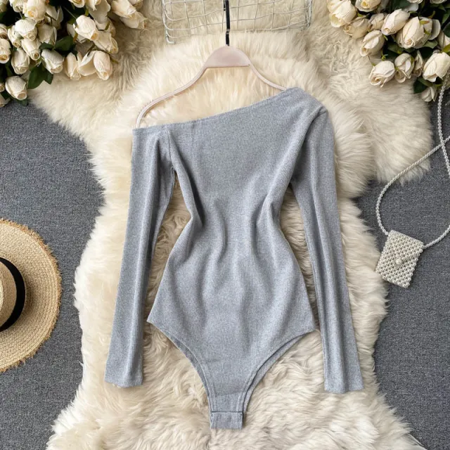 Diagonal Collar Strapless Long sleeved T shirt Women's Light Grey - Shop at LoveMi