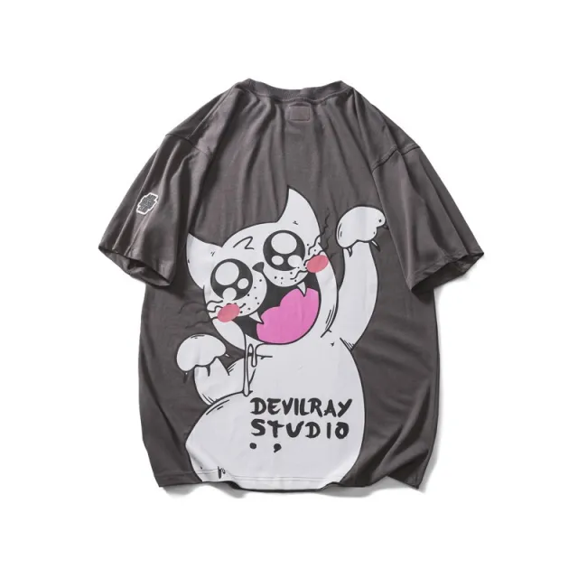 Cartoon Anime Loose Gray Casual Short Sleeves Gray - Shop at LoveMi