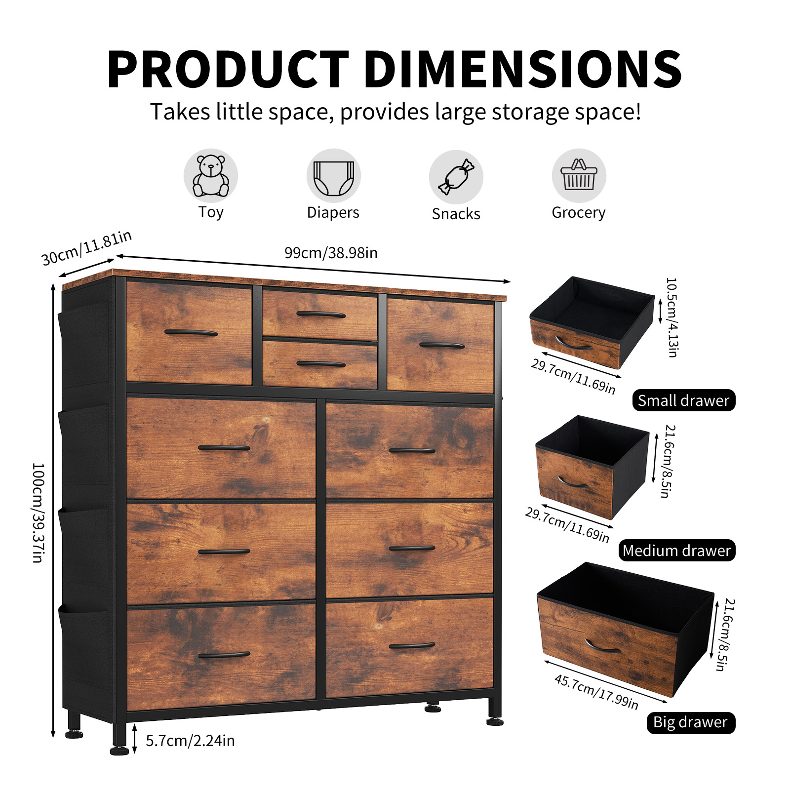 10-Drawer Dresser with Side Pocket & Hooks β photo 3