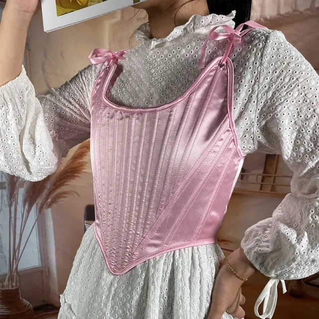 Satin Tunic Sexy Strap Slim Fit Cropped Fishbone Corset Pink - Shop at LoveMi