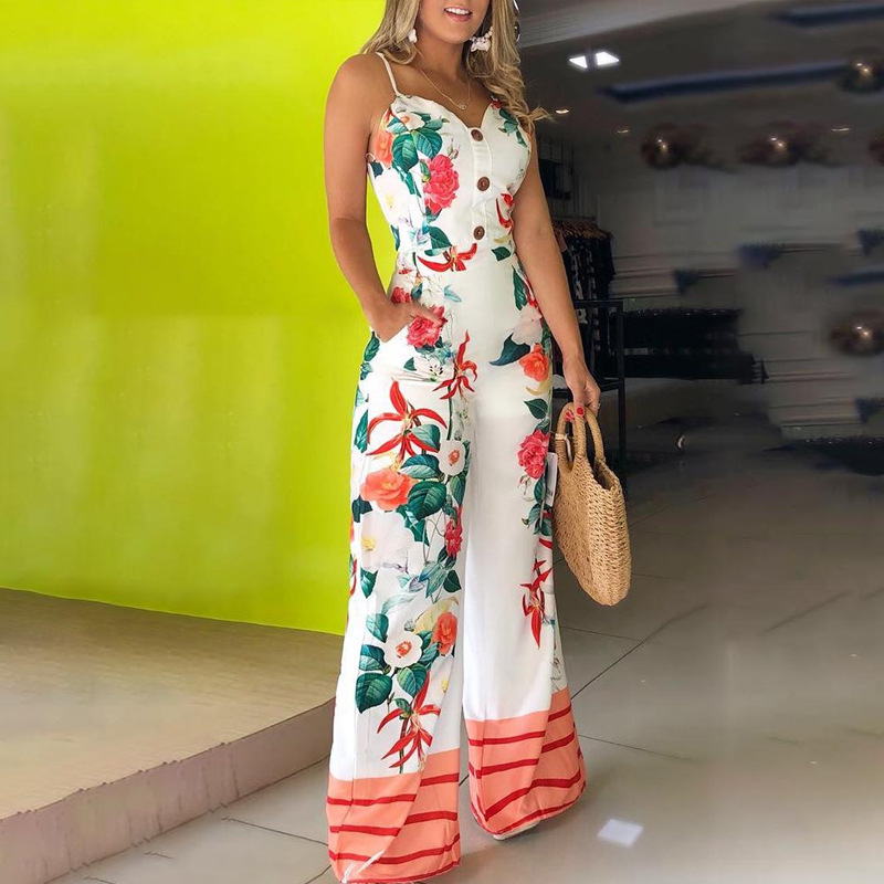 Women’s Suspenders Straight Print Jumpsuit