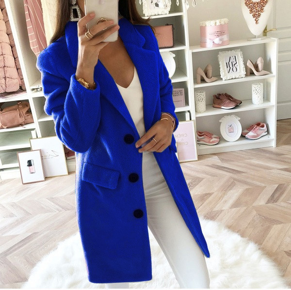 Solid Color Suit Collar Mid Length Double Breasted Woolen Coat Blue - Shop at LoveMi