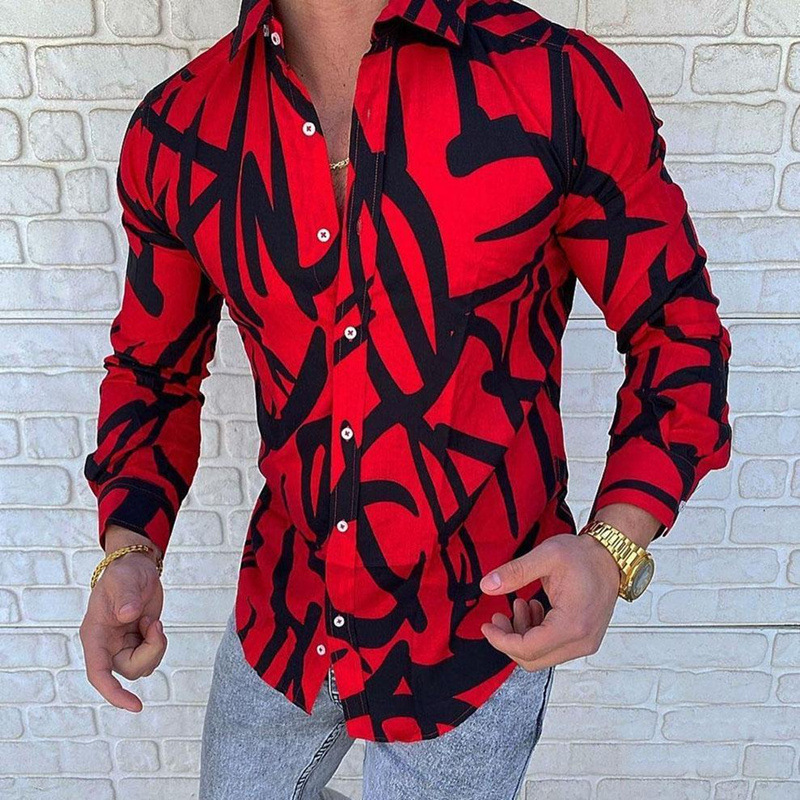 Men's Beach Print Casual Loose Long Sleeve Lapel Men's Top