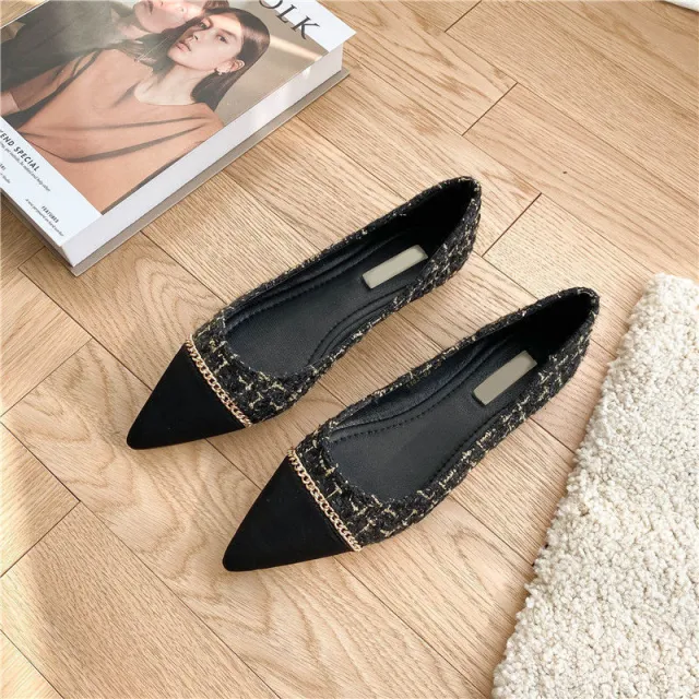 Women's Pointed Toe Flat Shallow Chain Flat Shoes Black - Shop at LoveMi