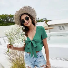 Short Sleeve V Neck Cropped Bow Top - Green - View 1